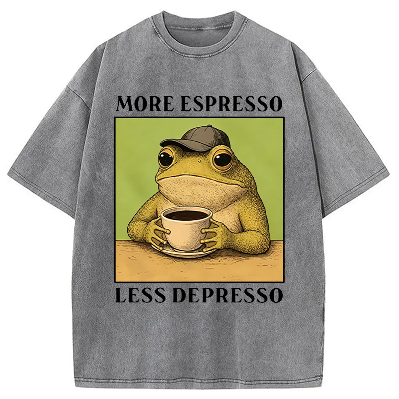 Modecanvas Frog Drinking Coffee Funny DTG Printing Washed T-Shirt