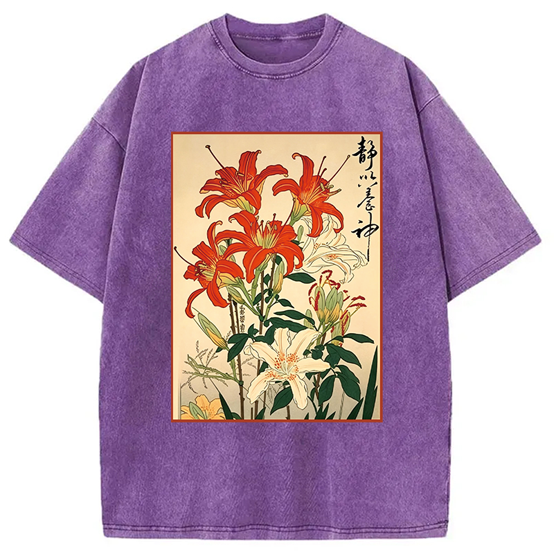 Modecanvas Red And White Lilies DTG Printing Washed T-Shirt