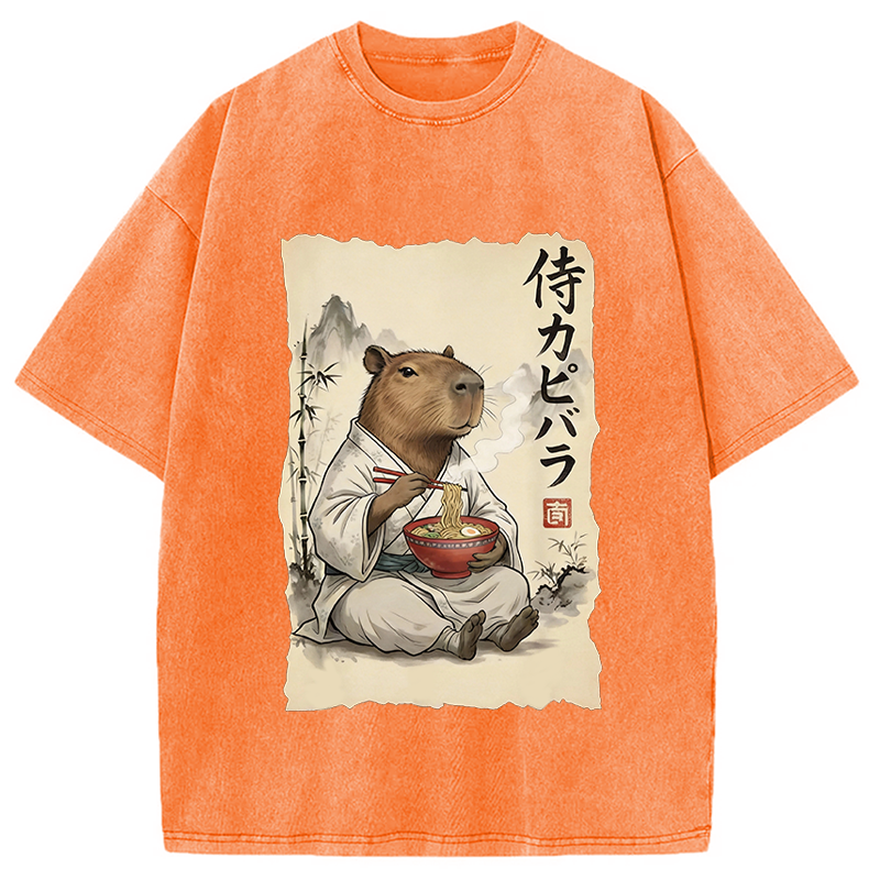 Modecanvas Funny Capybara Ramen DTG Printing Washed T-Shirt