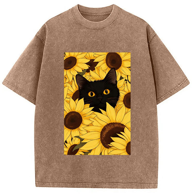 Modecanvas Cat In The Sunflowers Washed T-Shirt