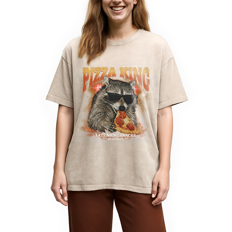 Modecanvas Raccoon Pizza King DTG Printing Washed T-Shirt