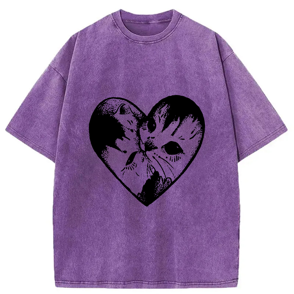 Modecanvas Heart Double Cats Washed T-Shirt