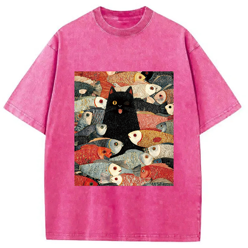 Modecanvas Black Cat Koi Fish Washed T-Shirt