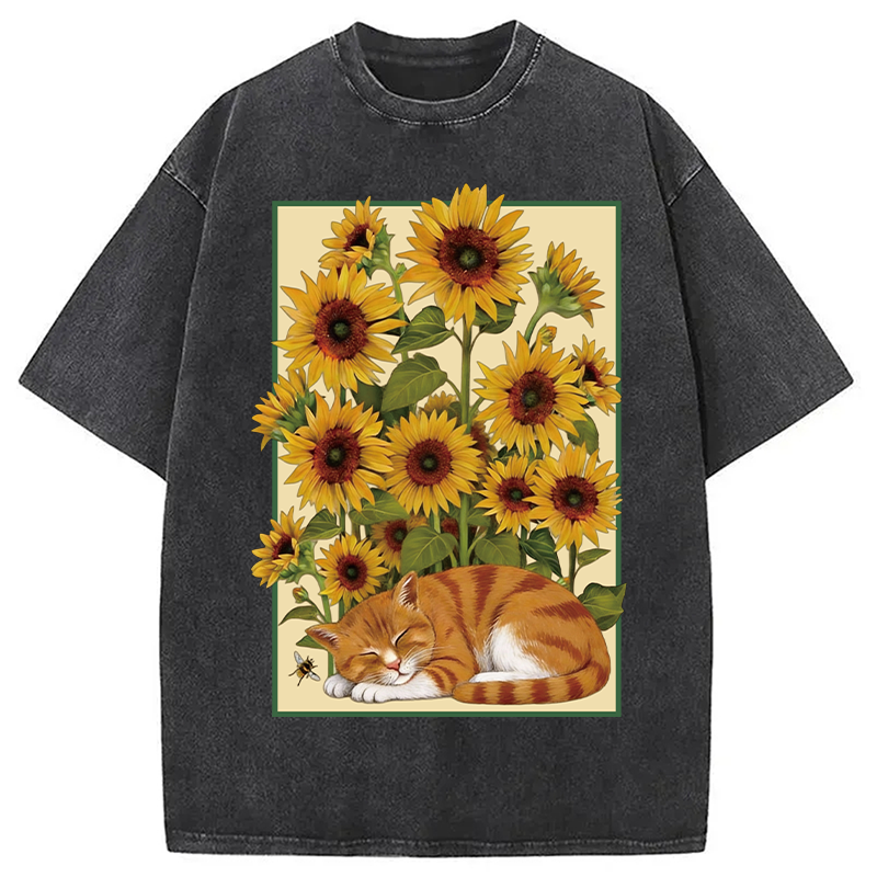 Modecanvas Sunflower Orange Cat Washed T-Shirt-modecanvas