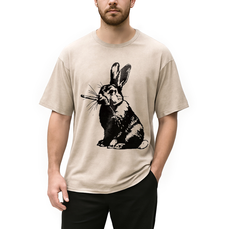 Modecanvas Funny Rabbit Smoking DTG Printing Washed T-Shirt