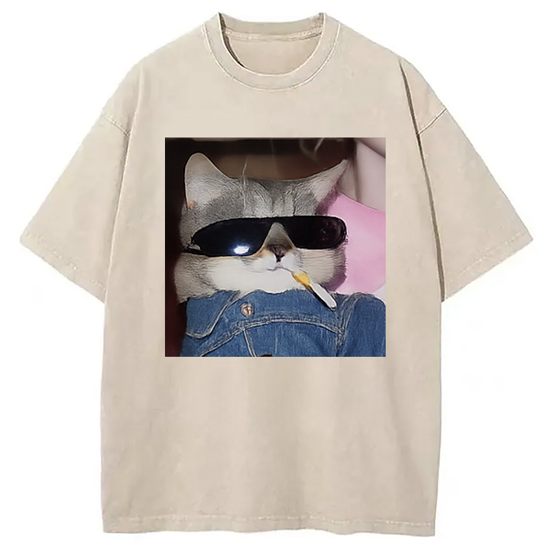Modecanvas Funny Smoking Cat Meme Washed T-Shirt