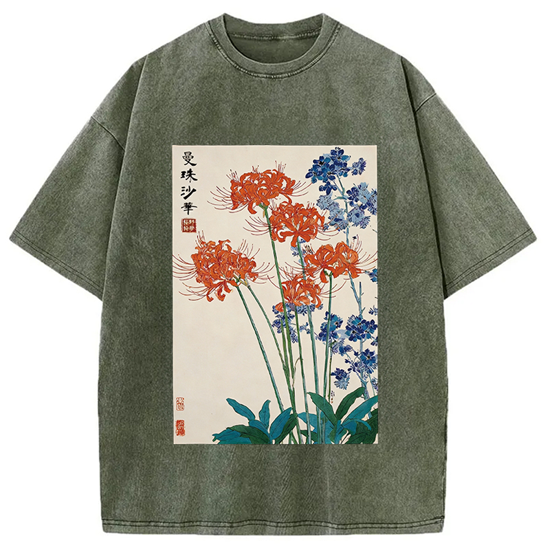 Modecanvas Red Spider Lily Bloom DTG Printing Washed T-Shirt