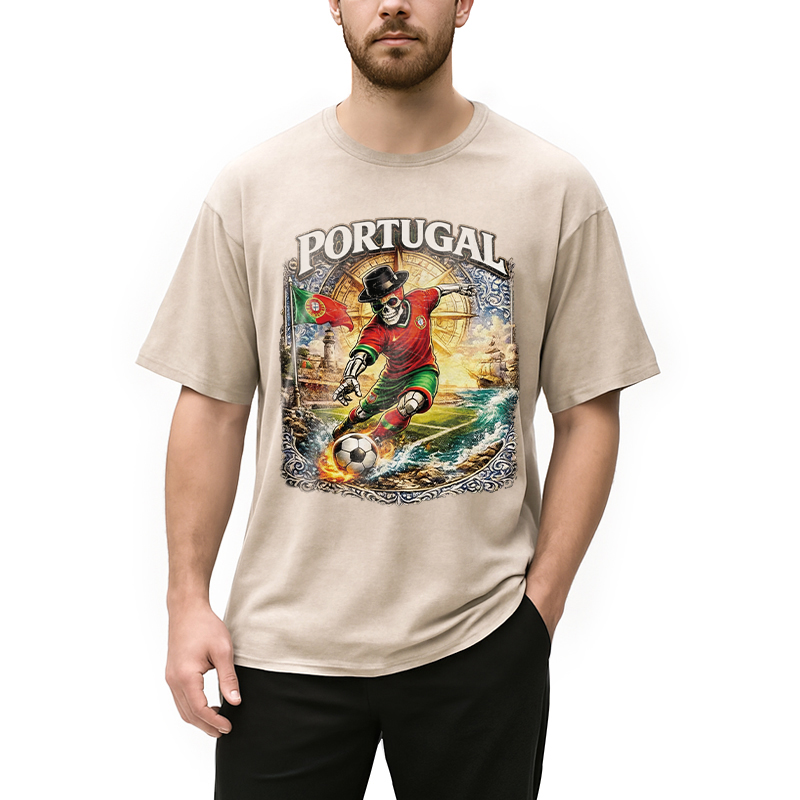 Modecanvas Portugal Soccer Skull DTG Printing Washed T-Shirt