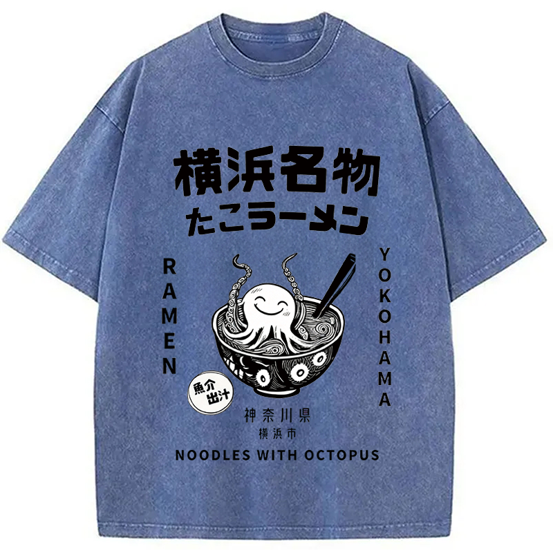 Modecanvas Japanese Kanji Art Octopus Ramen DTG Printing Washed T-Shirt