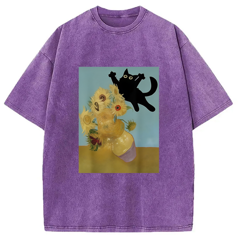 Modecanvas Playing Cat Sunflower Washed T-Shirt