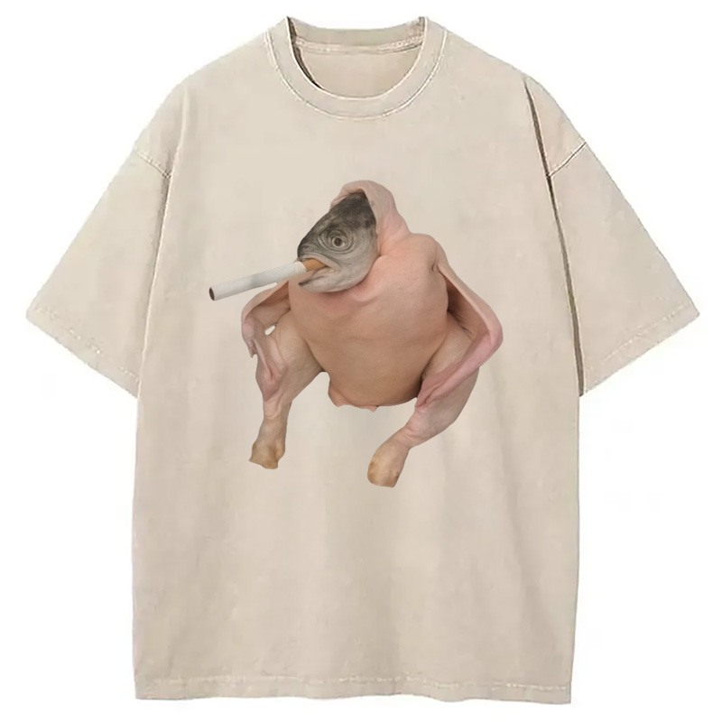 Modecanvas Fish Chicken Face Smoking a Cigarette Funny Meme Washed T-Shirt