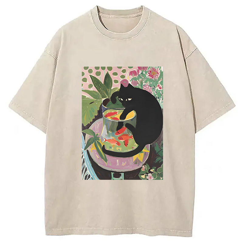 Modecanvas Goldfish And A Cat Washed T-Shirt