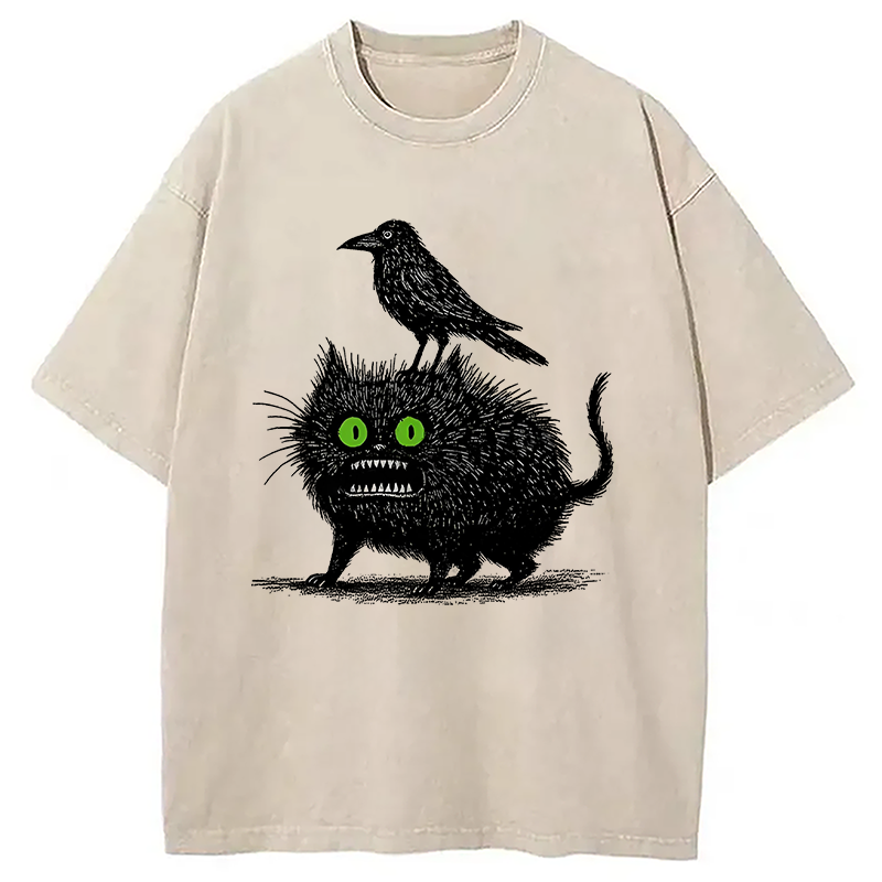 Modecanvas Crow And Black Cat Washed T-Shirt