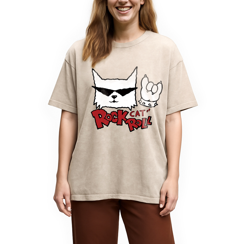 Modecanvas Rock Cat Roll DTG Printing Washed T-Shirt