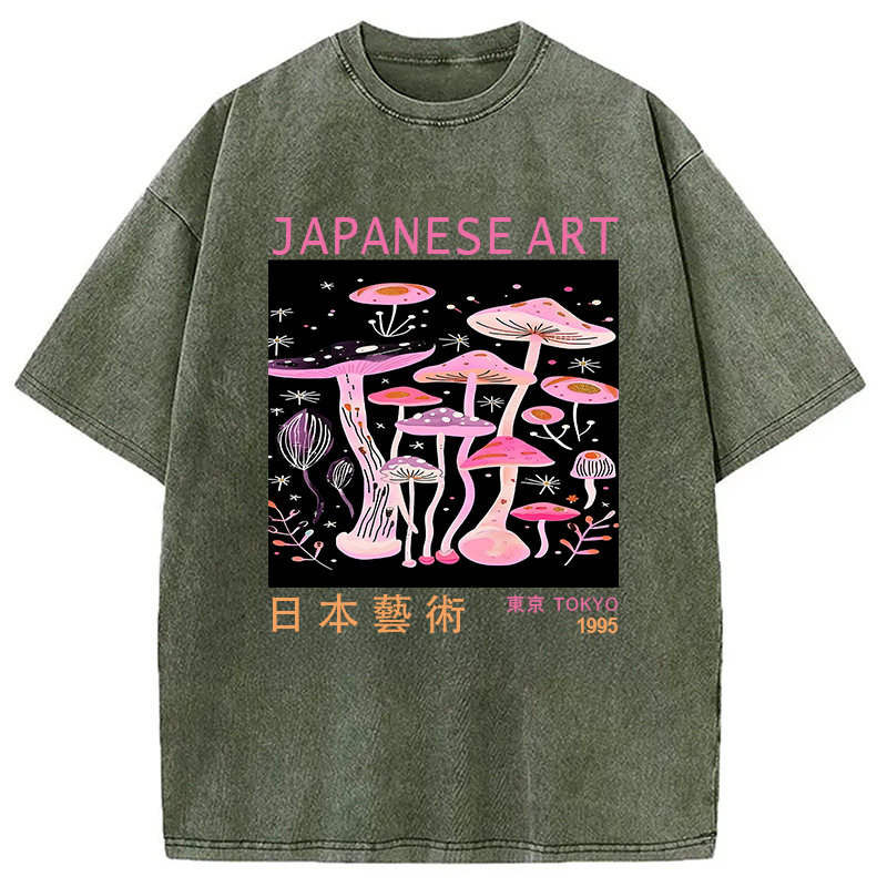 Modecanvas Japanese Art Pink Hallucinogenic Mushrooms Washed T-Shirt