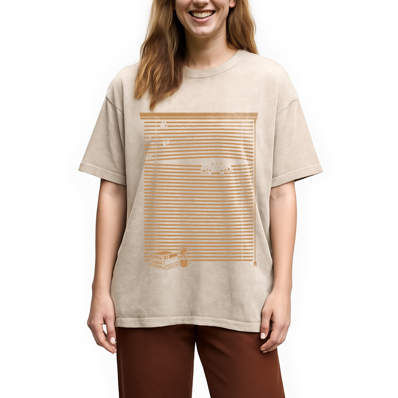 Modecanvas Spying Black Cat DTG Printing Washed T-Shirt