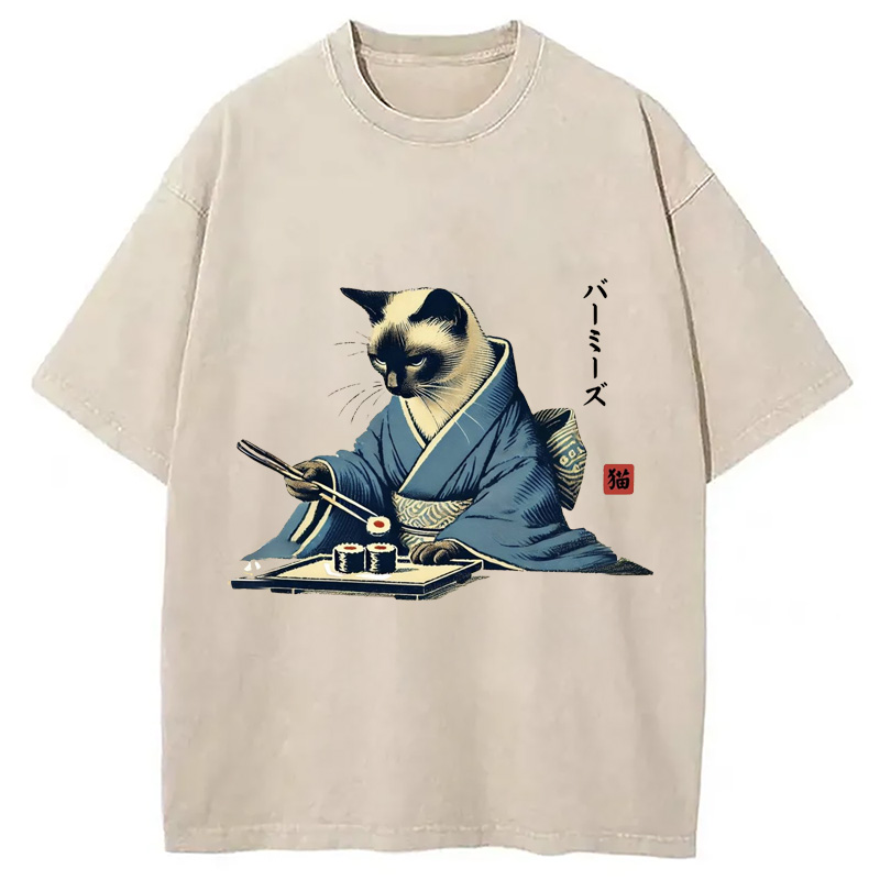 Modecanvas Cat In Kimono Eating Sushi Washed T-Shirt