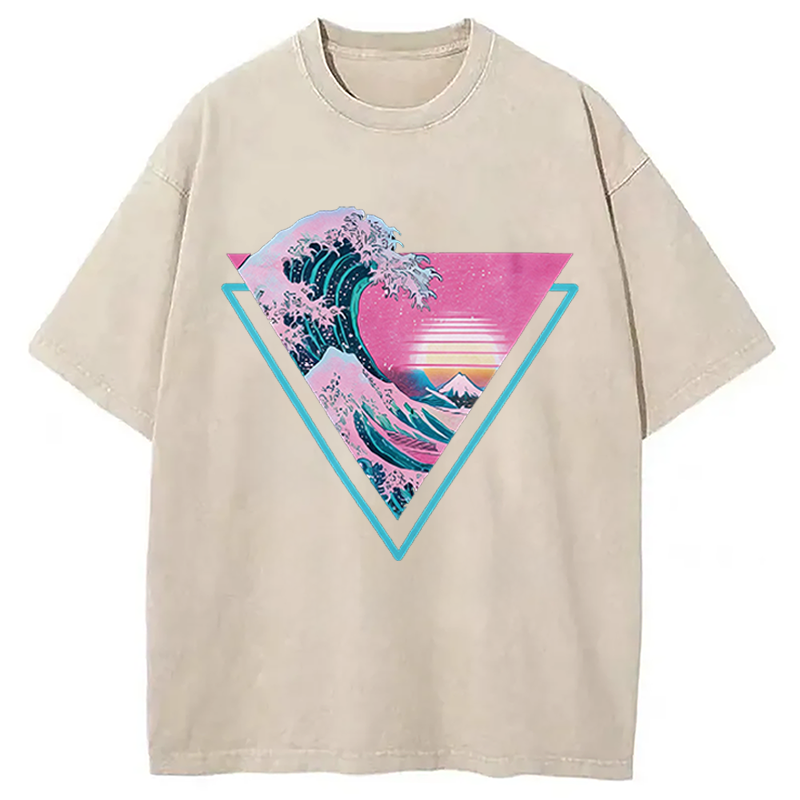 Modecanvas Great Wave Retro Triangle DTG Printing Washed T-Shirt