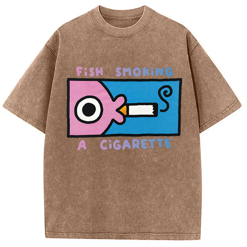 Modecanvas Fish Smoking A Cigarette DTG Printing Washed T-Shirt