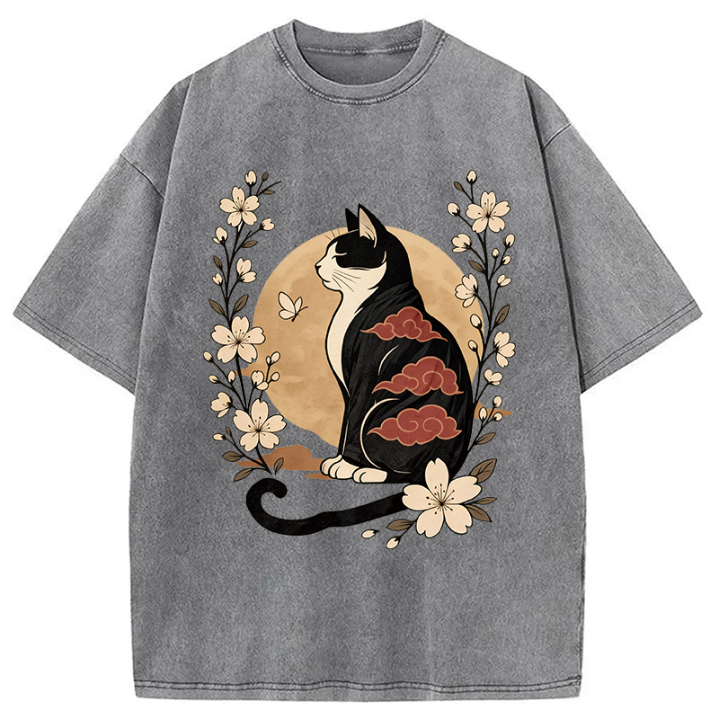 Modecanvas Kawaii Japanese Cat DTG Printing Washed T-Shirt-modecanvas