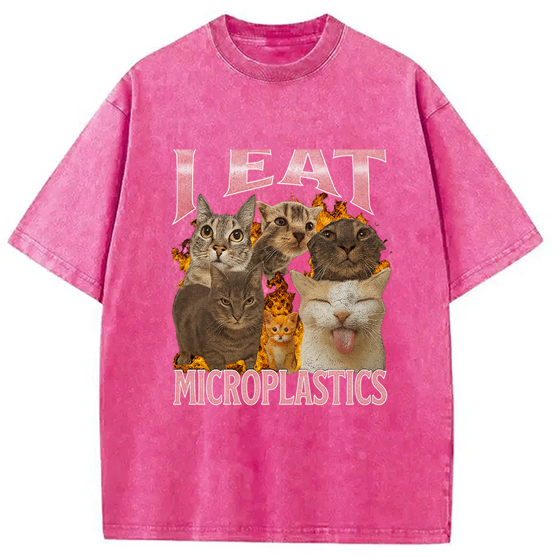 Modecanvas I Eat Microplastics Funny Cat Meme Washed T-Shirt-modecanvas