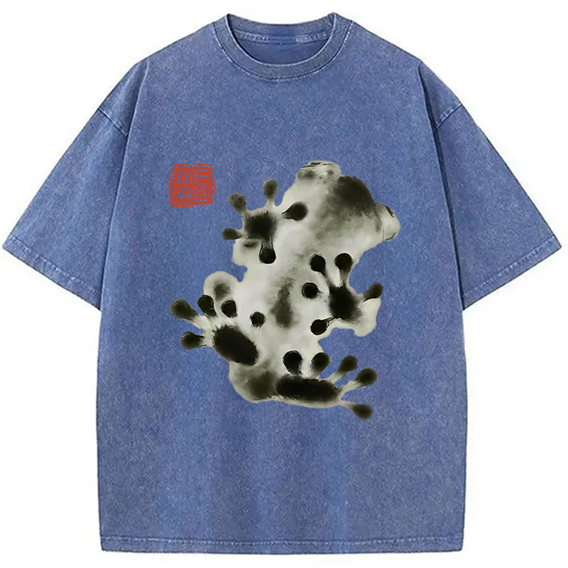 Modecanvas Ink Painting Frog Washed T-Shirt-modecanvas