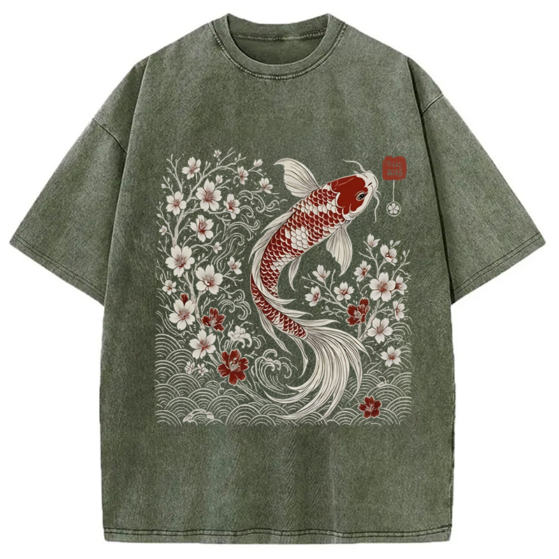 Modecanvas Vintage Sakura And Koi Washed T-Shirt-modecanvas