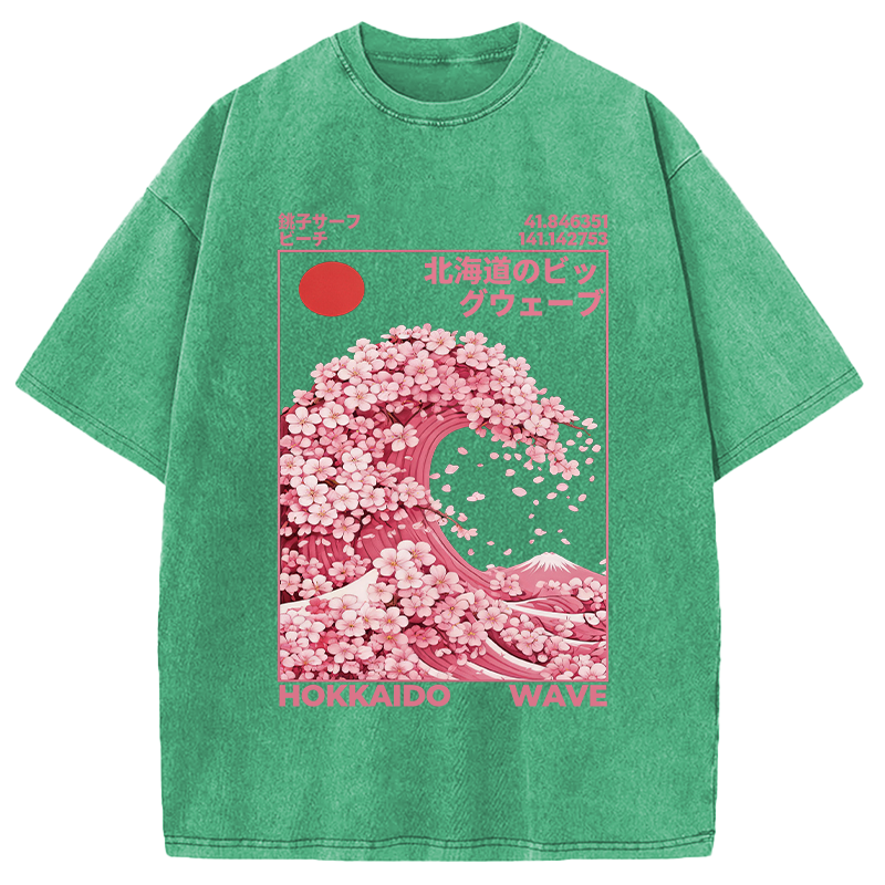 Modecanvas Hokkaido Wave Sakura Washed T-Shirt-modecanvas