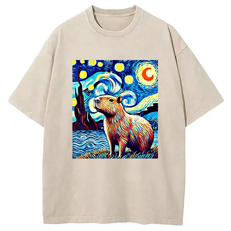 Modecanvas Capybara Starry Night Light Washed T-Shirt