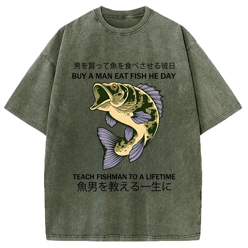 Modecanvas Teach A Man To Fish Washed T-Shirt-modecanvas