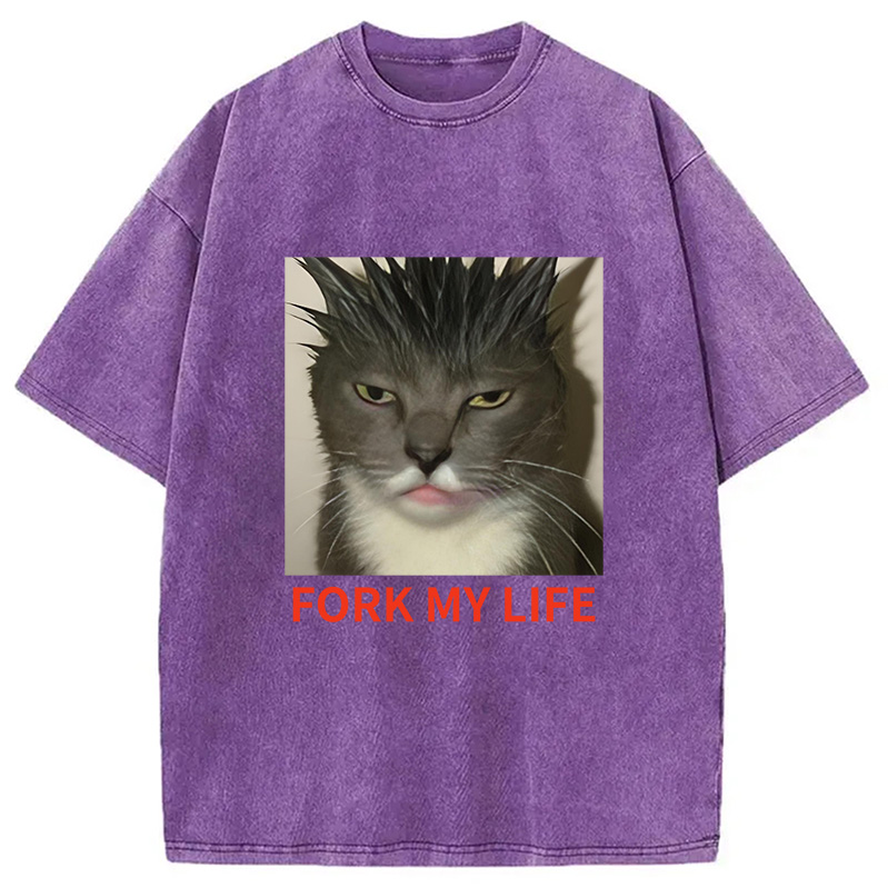 Modecanvas Gray Cat Fork My Life Washed T-Shirt