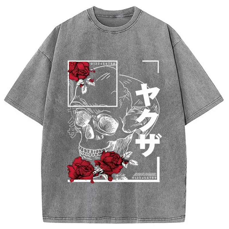 Modecanvas Skull Red Roses DTG Printing Washed T-Shirt-modecanvas