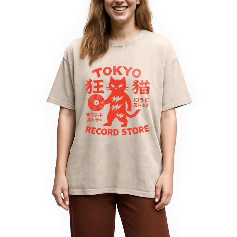 Modecanvas Tokyo Record Store Cat DTG Printing Washed T-Shirt