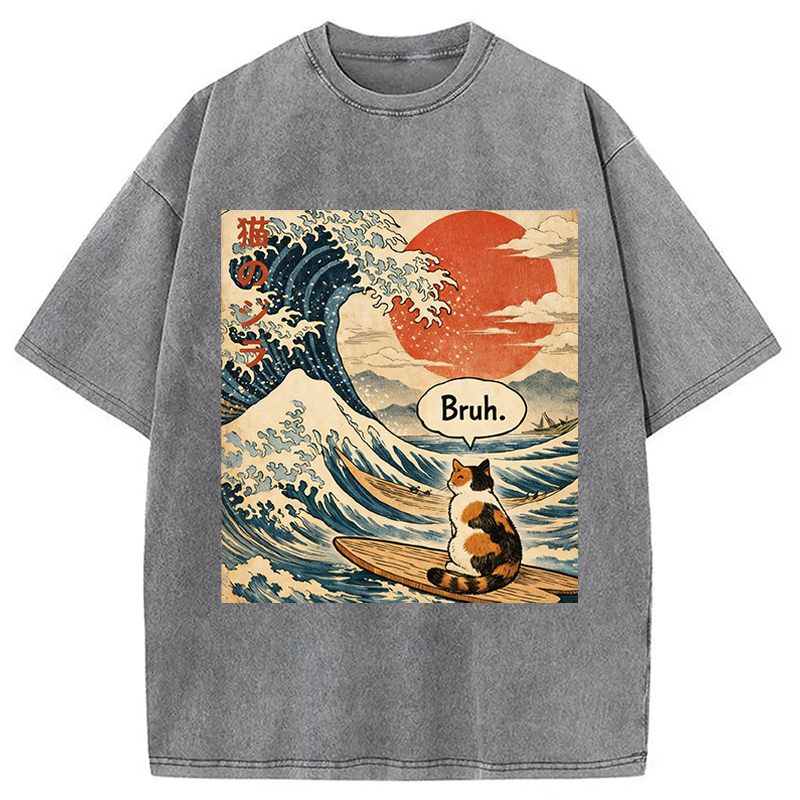Modecanvas Bruh. The Great Wave Japanese Surfing Cat DTG Printing Washed T-Shirt