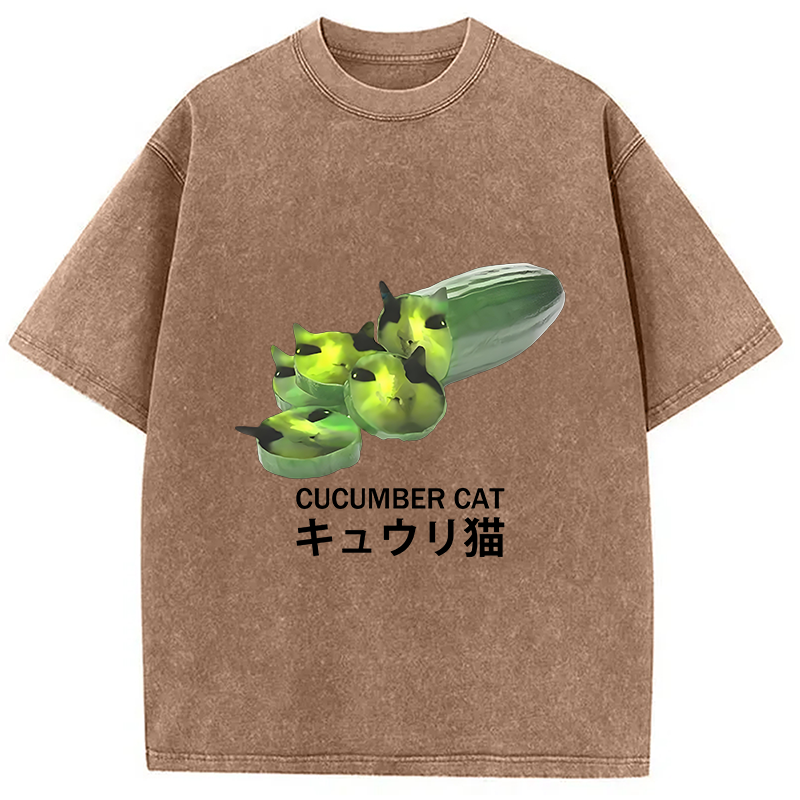 Modecanvas Funny Cucumber Cat Meme Washed T-Shirt