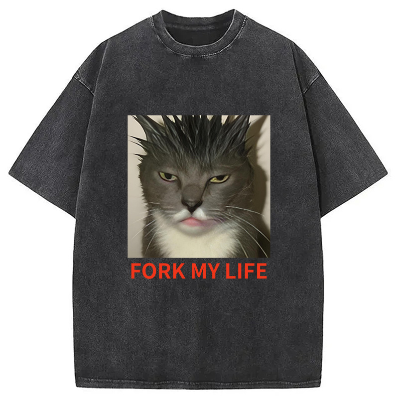 Modecanvas Gray Cat Fork My Life Washed T-Shirt