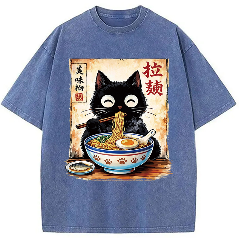 Modecanvas Cute Cat Slurping Ramen DTG Printing Washed T-Shirt
