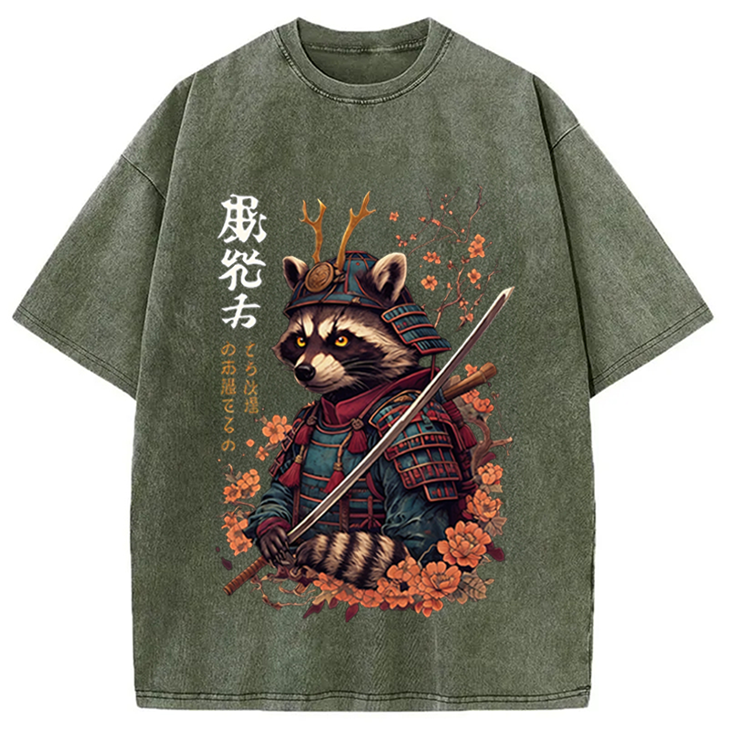 Modecanvas Japanese Raccoon Art DTG Printing Washed T-Shirt-modecanvas