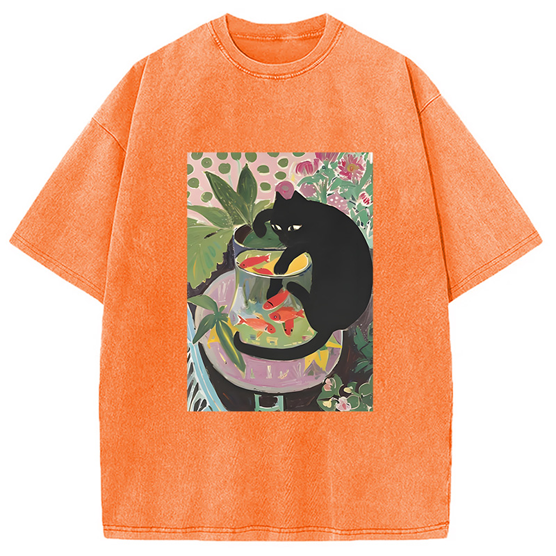 Modecanvas Goldfish And A Cat Washed T-Shirt