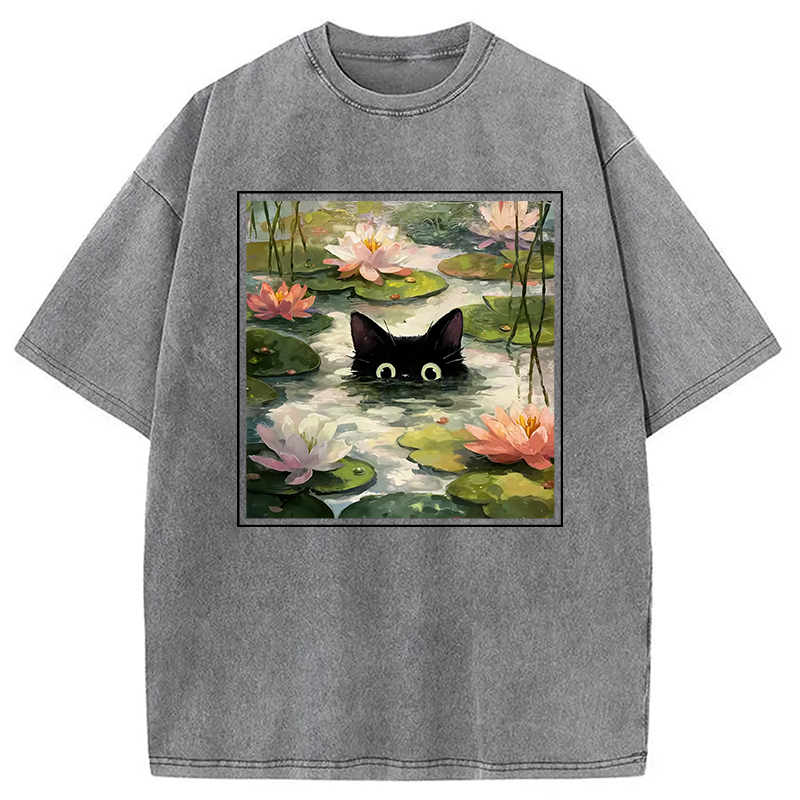 Modecanvas Black Cat and Lotus Flower Washed T-Shirt