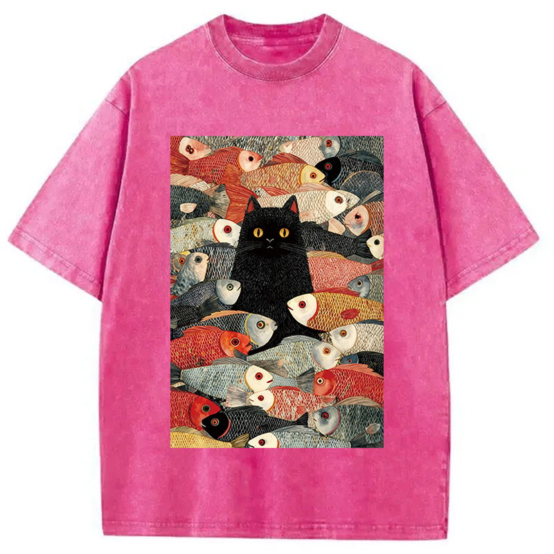 Modecanvas Black Cat Koi Fish Washed T-Shirt-modecanvas