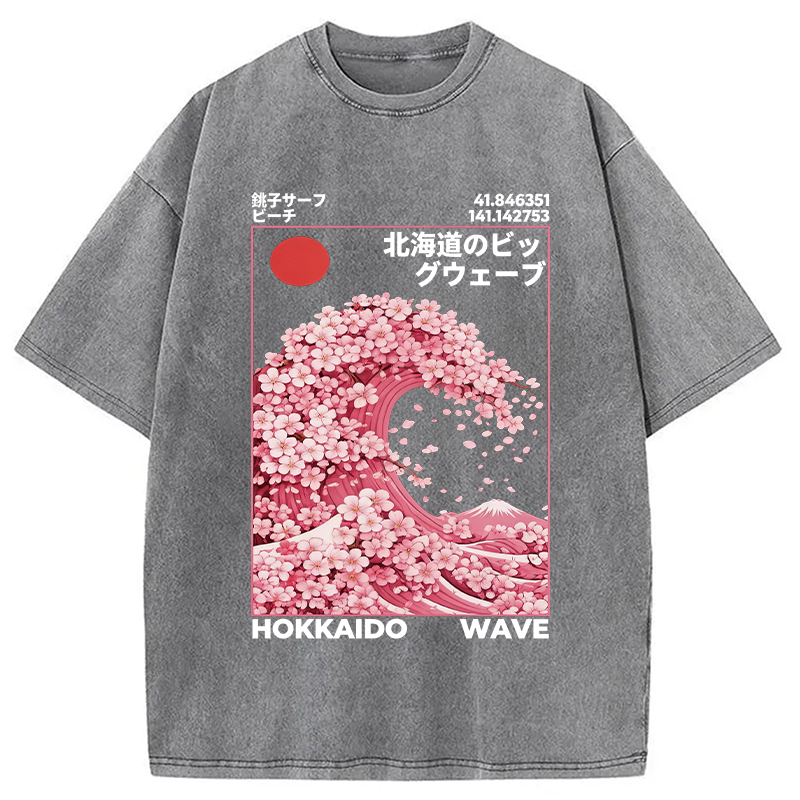 Modecanvas Hokkaido Wave Sakura Washed T-Shirt-modecanvas