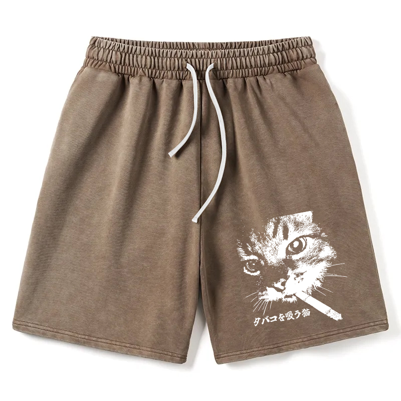 Modecanvas Retro Cat Smoking Washed Short