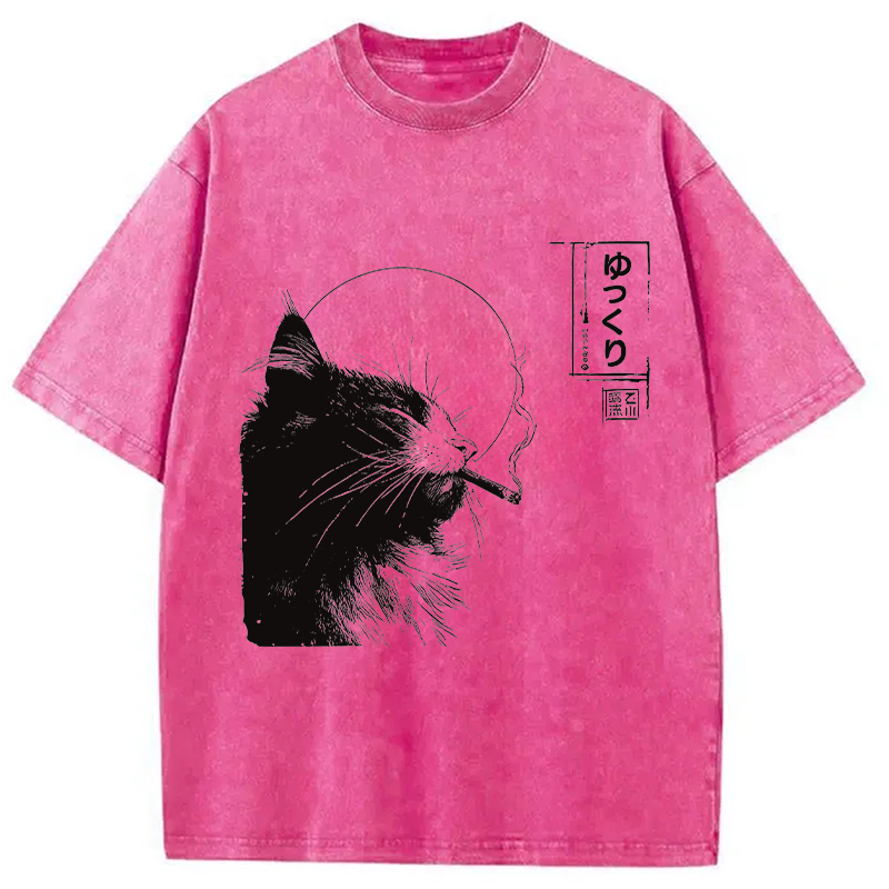 Modecanvas Stay Chill Smoking Cat DTG Printing Washed T-Shirt-modecanvas