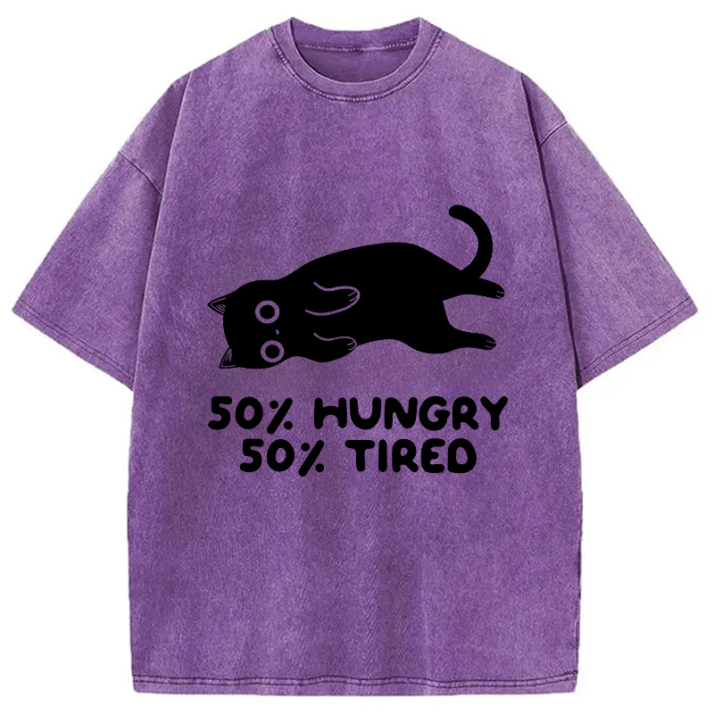 Modecanvas Hungry Tired Black Cat Funny Washed T-Shirt