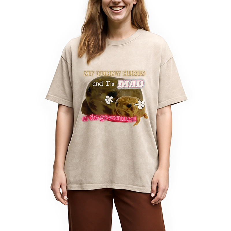 Modecanvas My Tummy Hurts Funny Frog Meme Washed T-Shirt