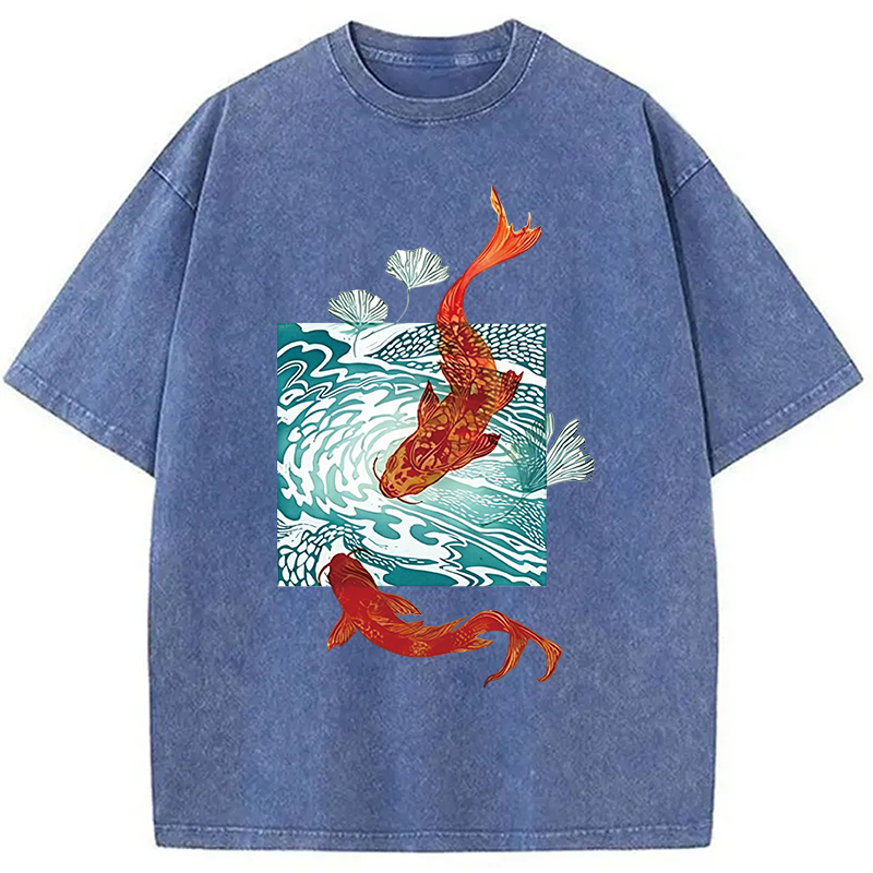 Modecanvas Koi In Wave Patterns DTG Printing Washed T-Shirt