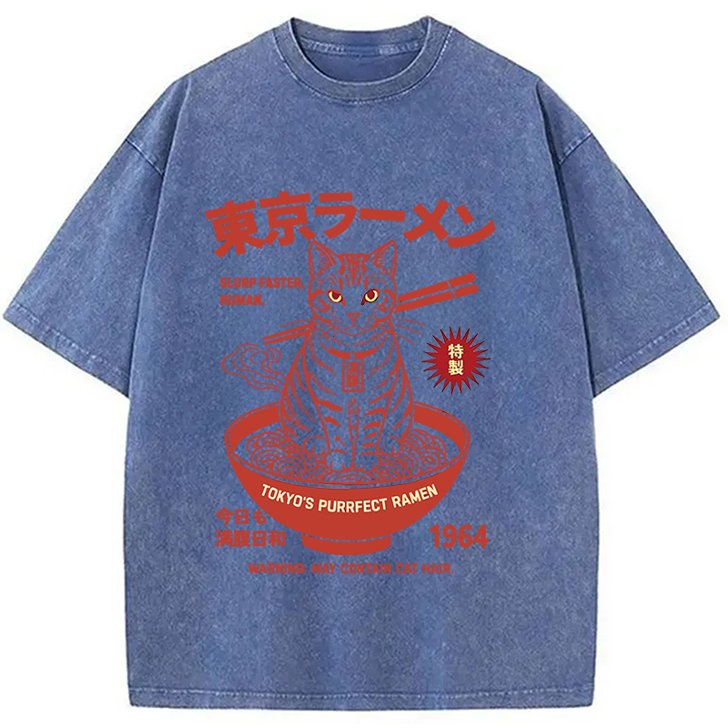 Modecanvas Tokyo Ramen Cat DTG Printing Washed T-Shirt-modecanvas
