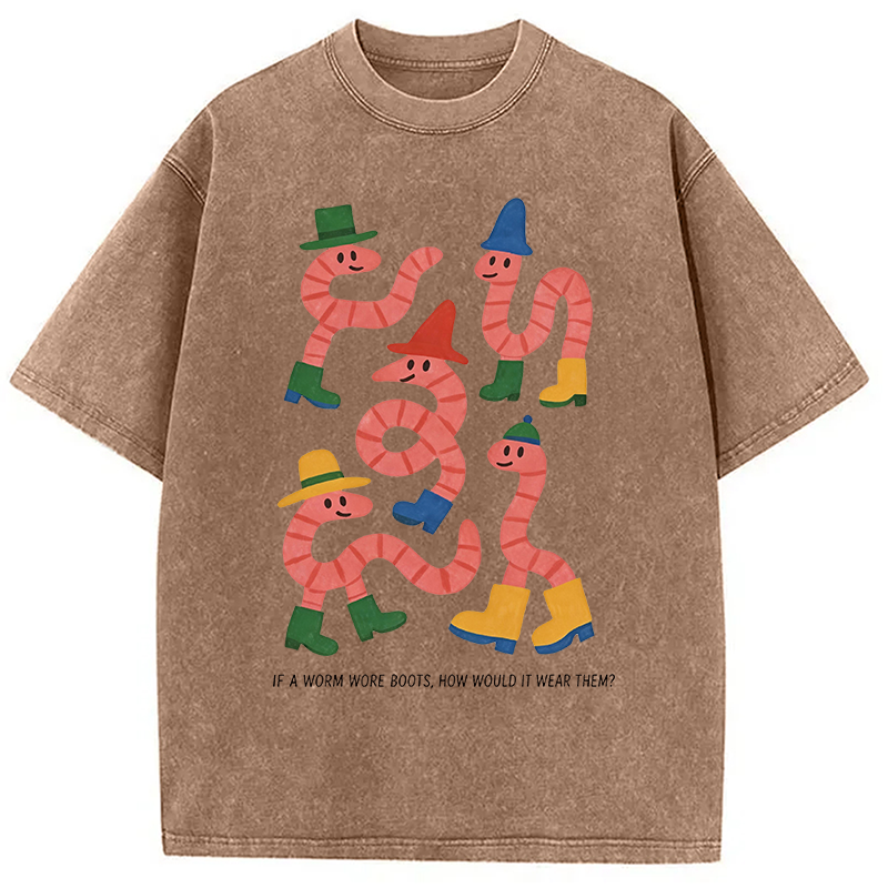 Modecanvas Whimsical Worms In Boots DTG Printing Washed T-Shirt