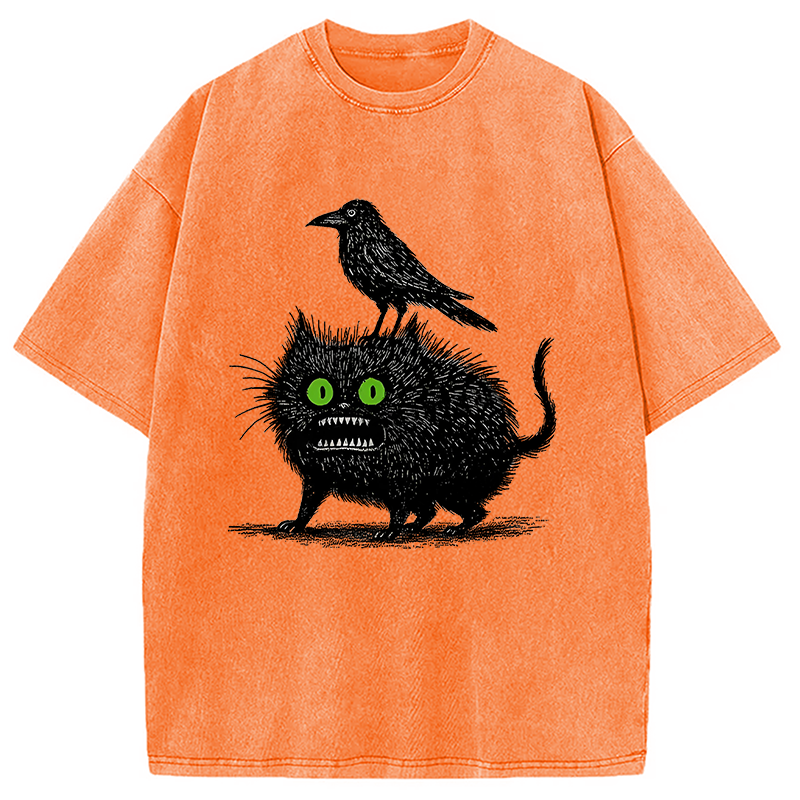 Modecanvas Crow And Black Cat Washed T-Shirt
